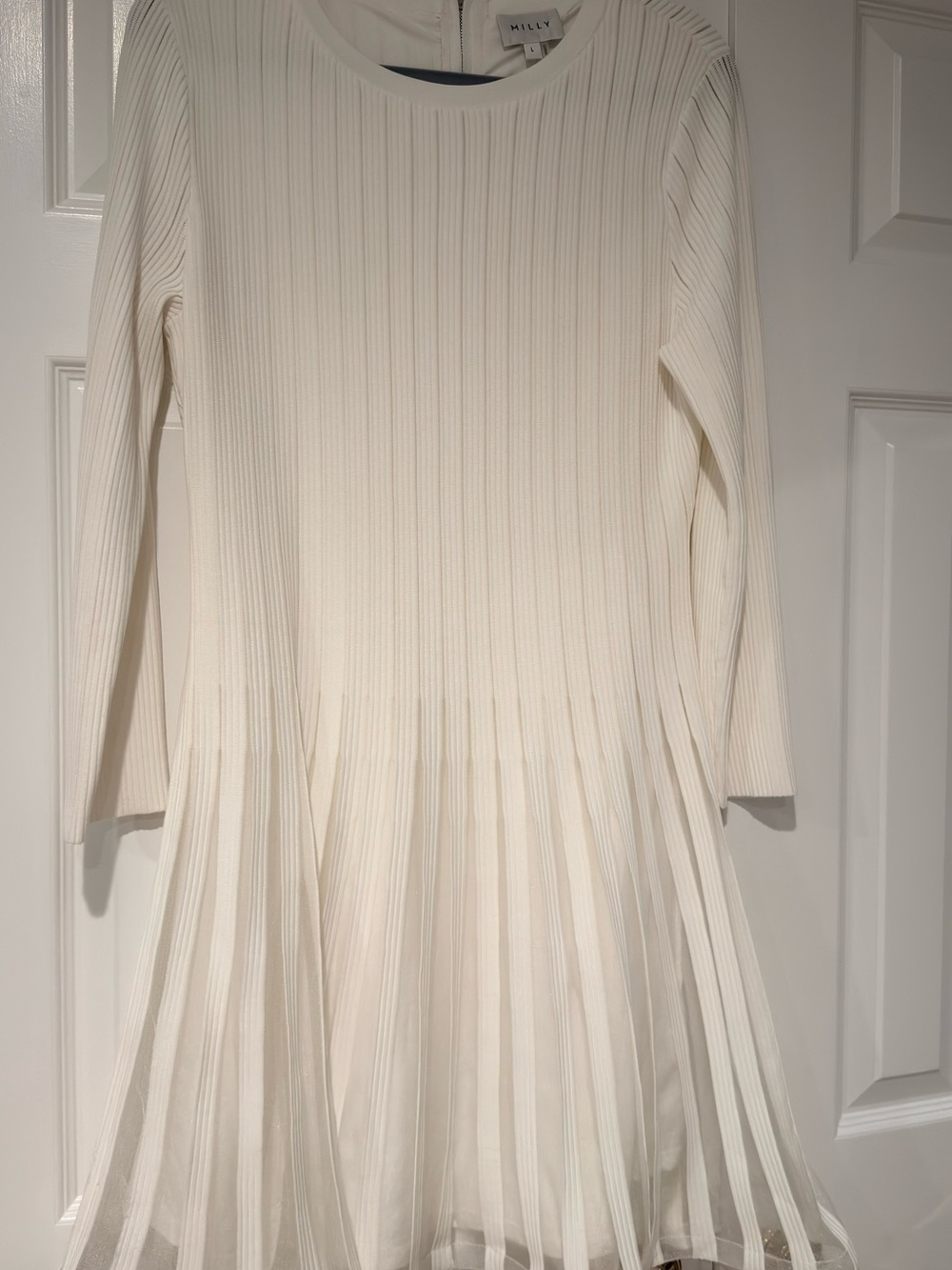 Milly Tabitha Godet white Ribbed Pleated Long-Sleeve Dress